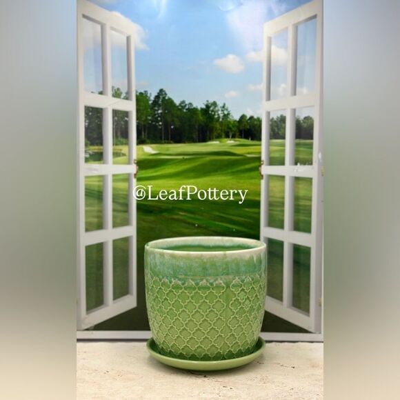 Celadon Green/Blue Ceramic Planter with Saucer Attached - Picture 6 of 9